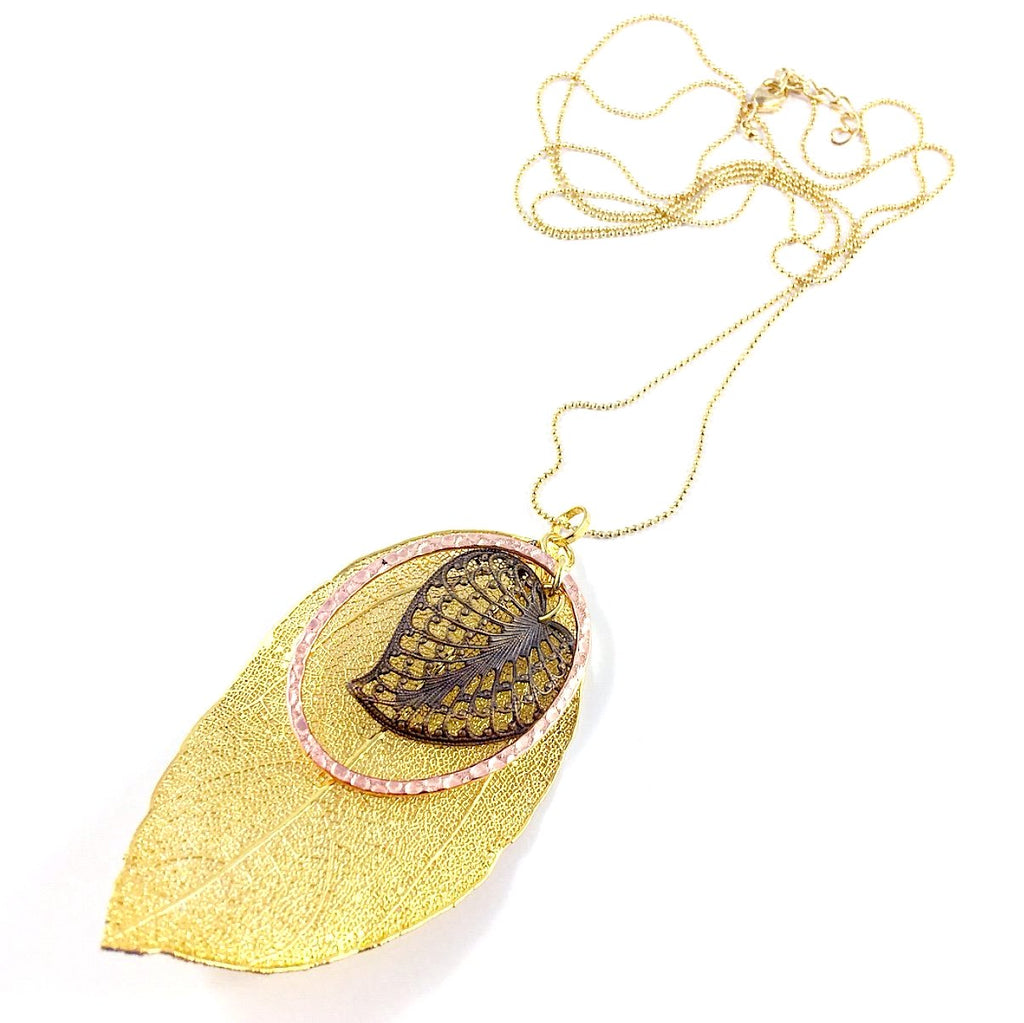 "Shimmer Leaf" Pendant Necklaces (Antiqued Heart)