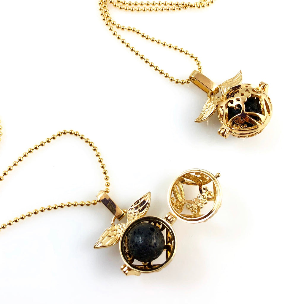 "Lava Stone Cage" Pendant Necklaces (gold)